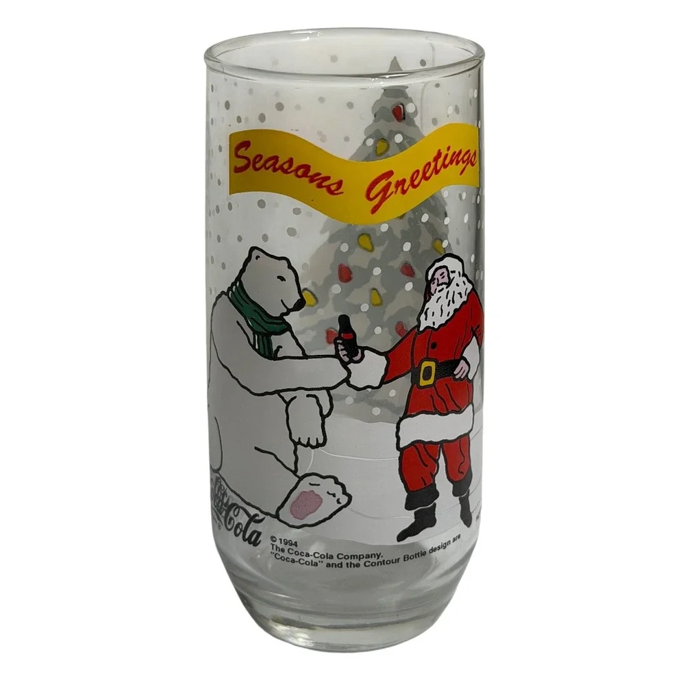 VTG Coca Cola Christmas Glass Clear Polar Bear Santa Seasons Greetings‎ 1994 6in